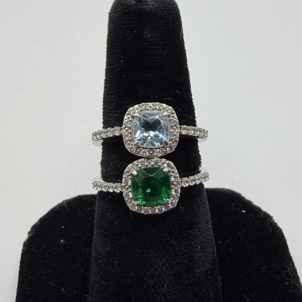 Lot of 2 Sterling Silver 925 Halo Rings Blue & Green Cushion Cut Size 7.25